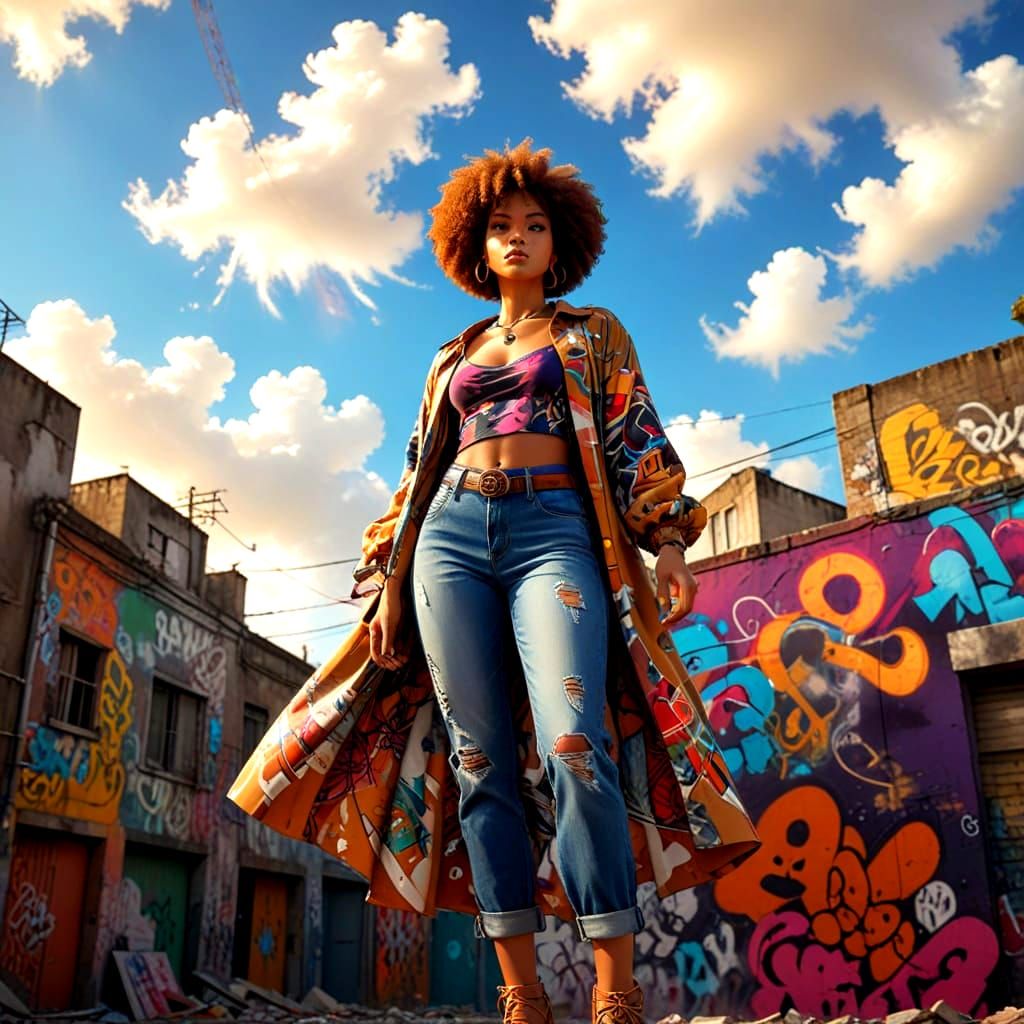 Elegant Caribbean Woman in Vibrant Urban Setting