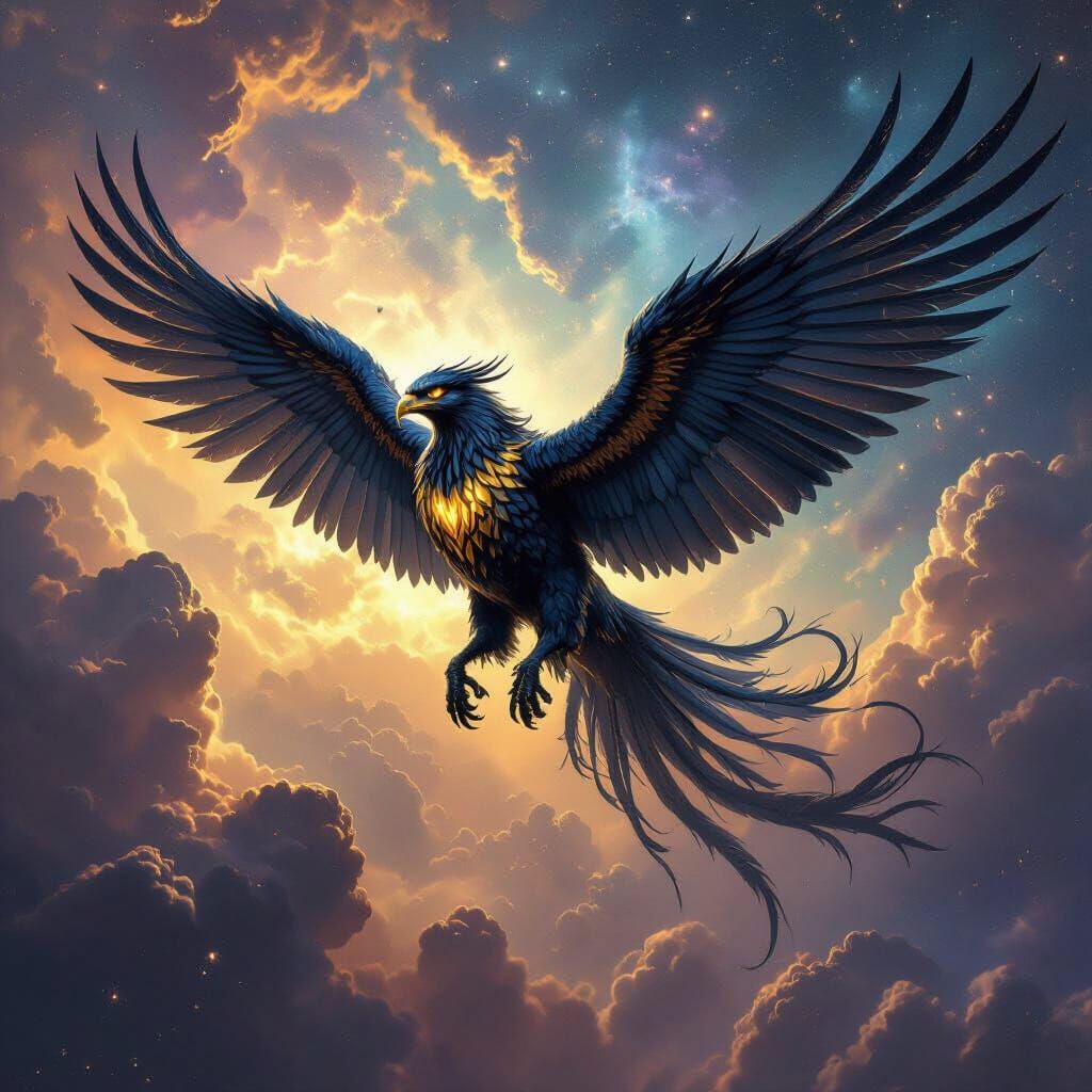 Obsidian Griffin Soaring Through Nebula Sky