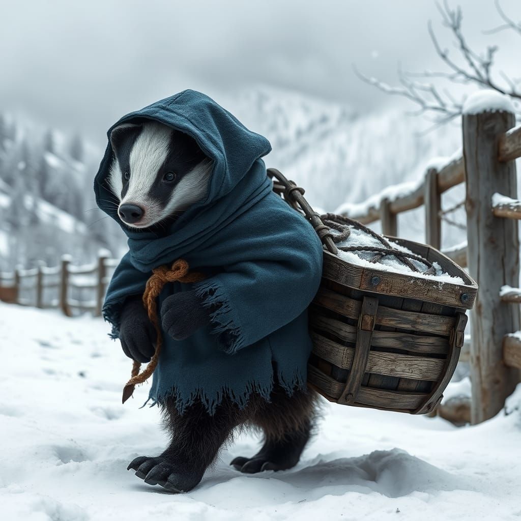 Badger's Winter Journey Through Snowy Mountains