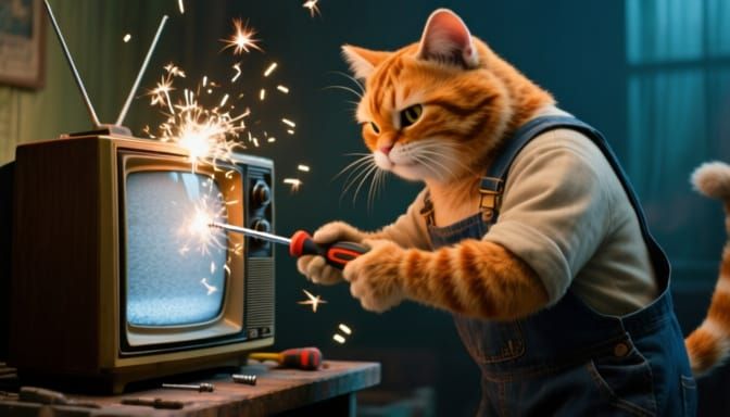 Ginger Cat Mechanic Repairs Vintage TV