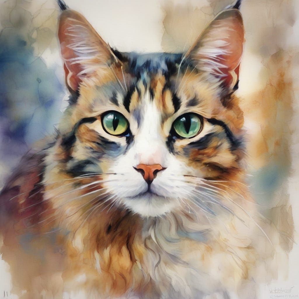 Dreamy Calico Cat Portrait in Watercolor Style