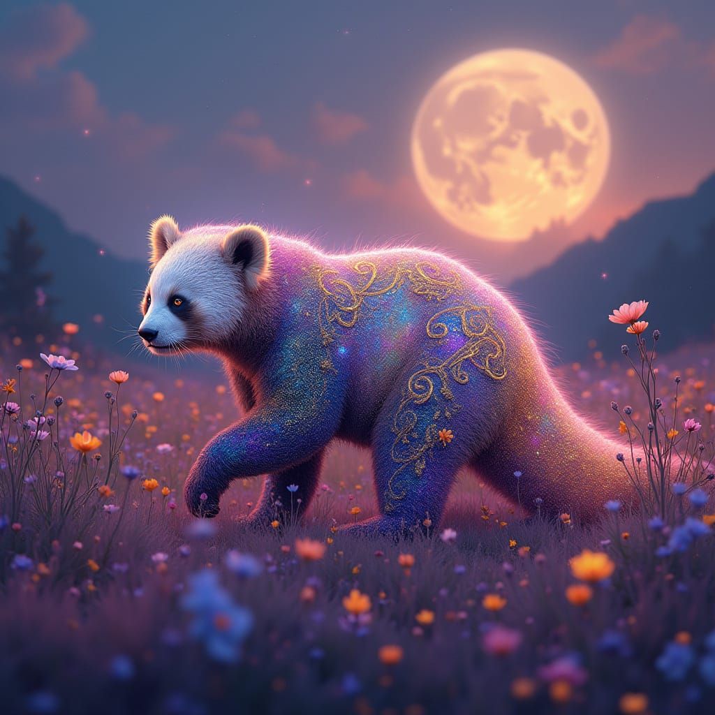 Luminous Panda in Otherworldly Meadow