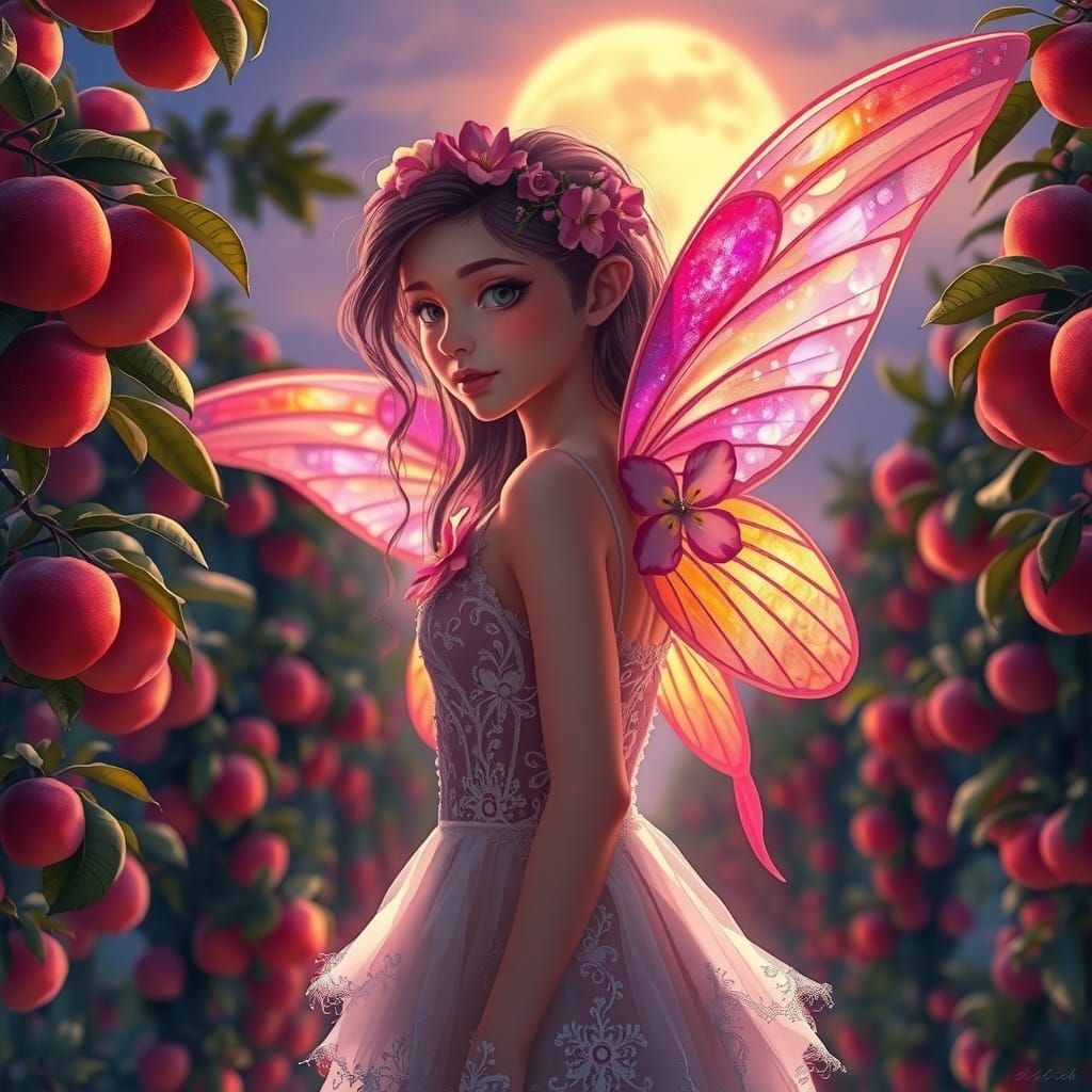 Moonlit Fairy in Peach Grove, Ethereal Digital Art