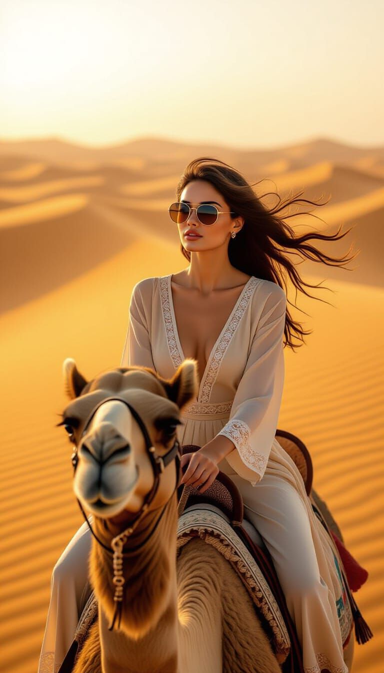 Elegant Woman Rides Camel in Vast Golden Desert