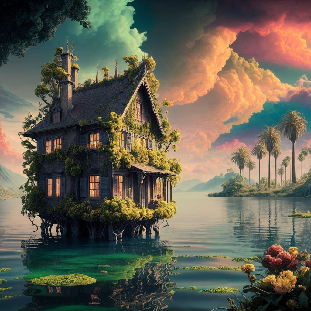 Secluded House in Water: Matte Painting with Palm Trees