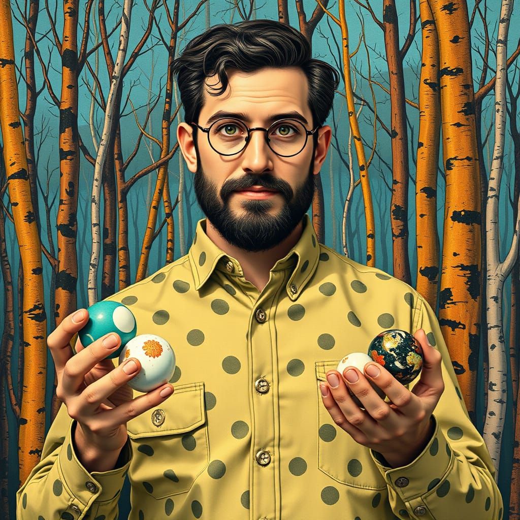 Proud Man with Marbles in Graphic Forest