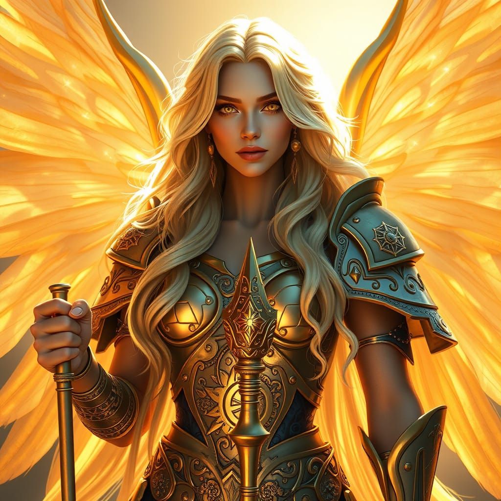 Divine Aasimar Warrior in Golden Armor