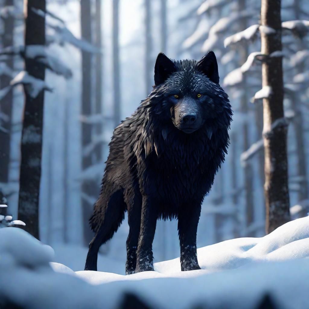 Black Wolf in Snowy Forest: 3D Game Cinematic