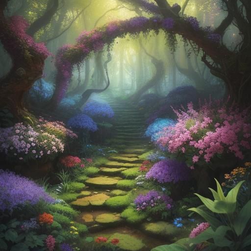 Mystical Forest Flower Walkway in Fantasy Landscape