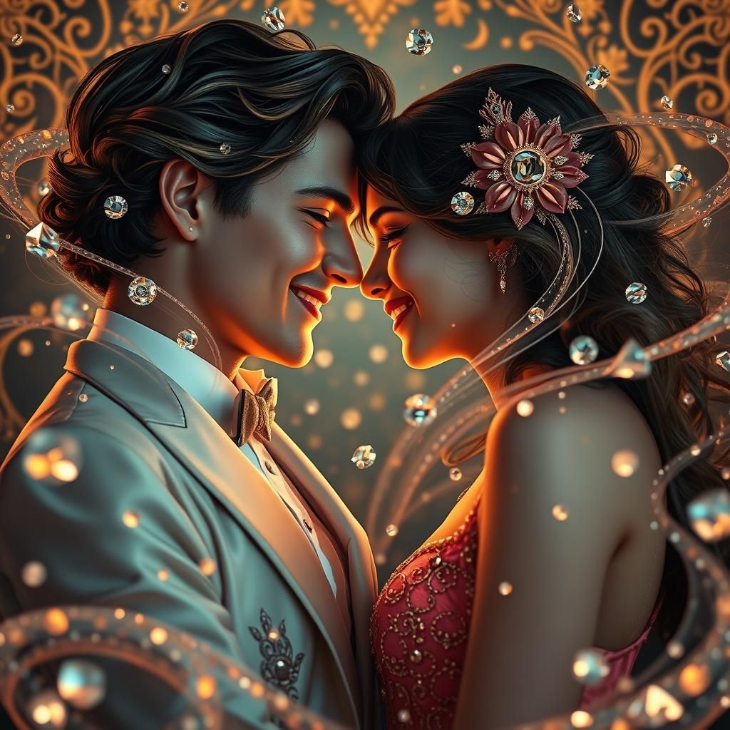 Romantic Couple in Art Nouveau Diamond Swirl
