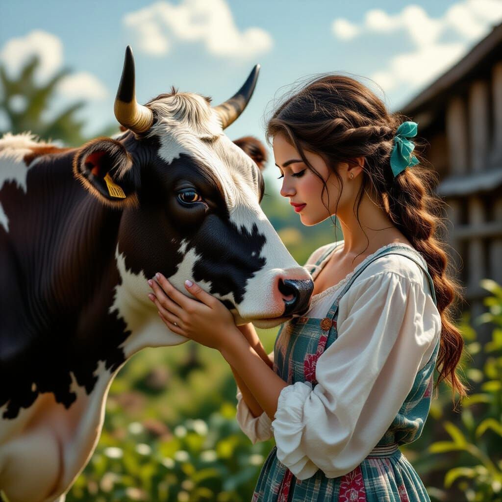 Woman's Gentle Affection for Cow in Village Scene
