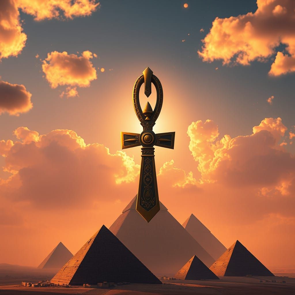Splendid Ankh in Desert Sky with Pyramids, in Fantasy Concep...