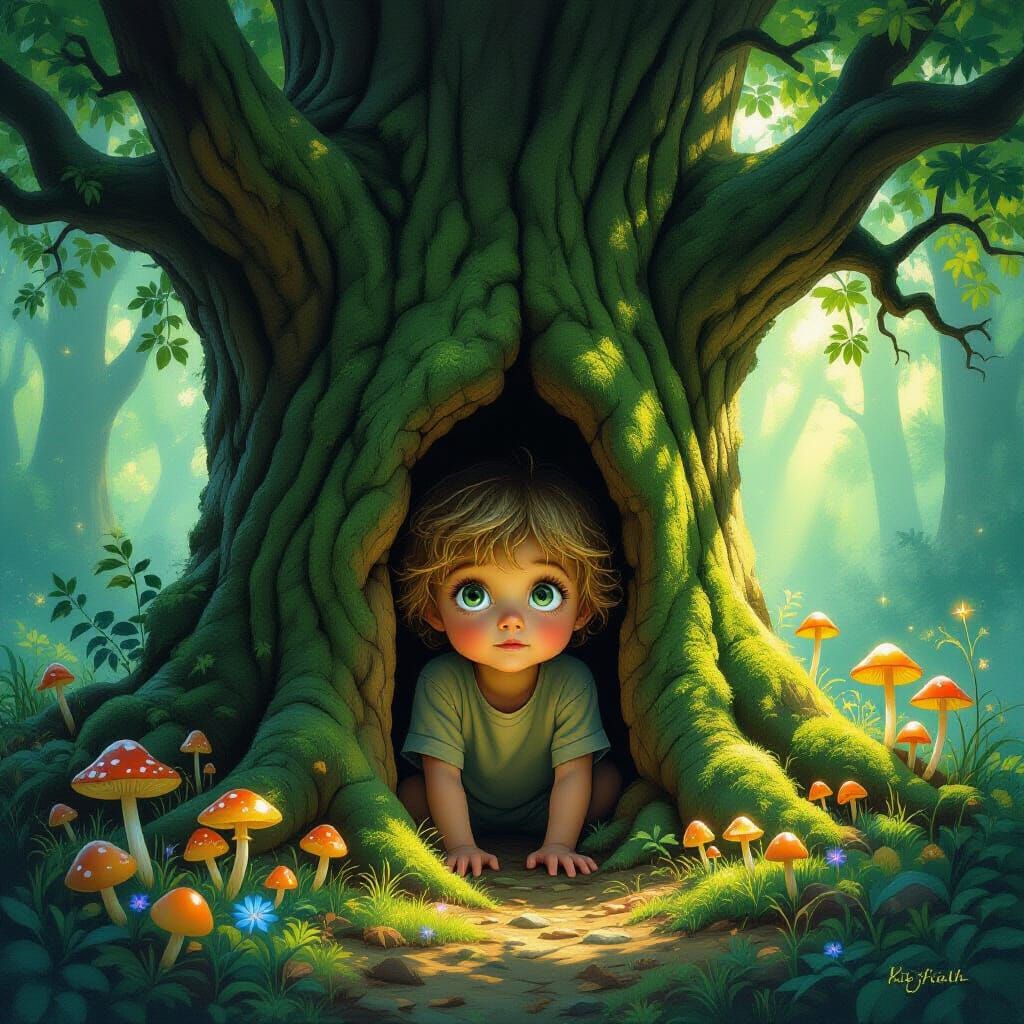 Child Peeking From Mossy Oak in Enchanted Forest