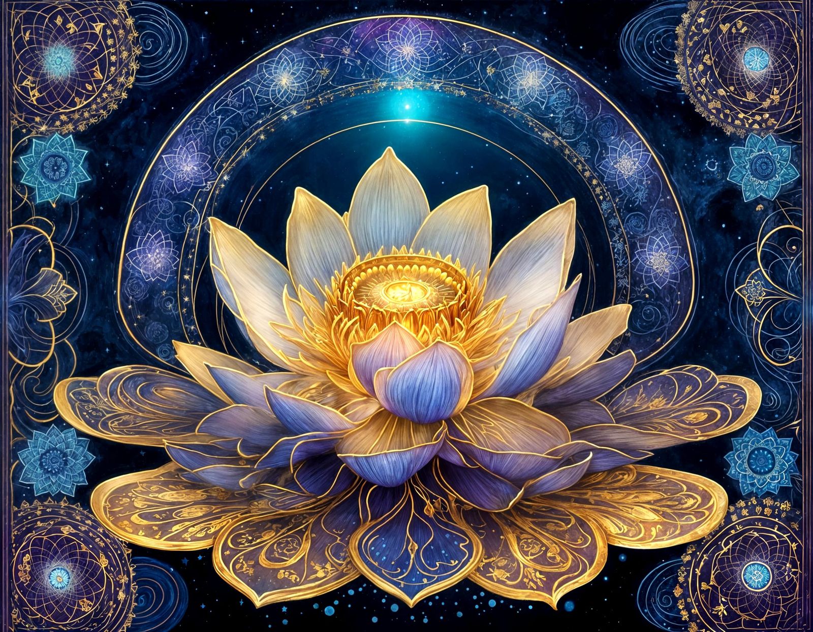 Luminous Lotus with Golden Mandalas