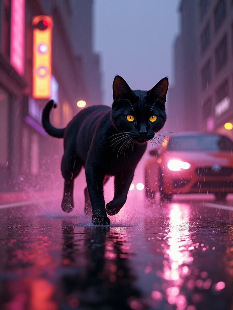 Cat Dodges Car in Cyberpunk Cityscape