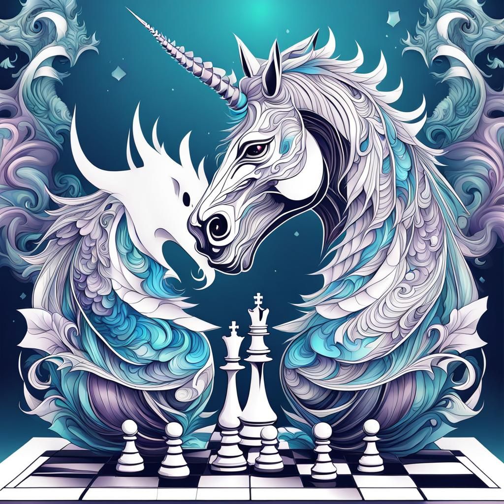 Unicorn vs Dragon Chess Match in Abstract Style