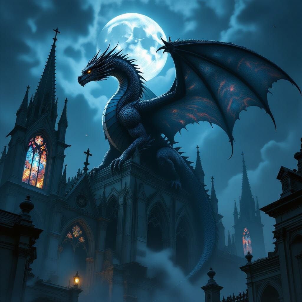 Ancient Dragon on Gothic Cathedral in Cosmic Moonlight