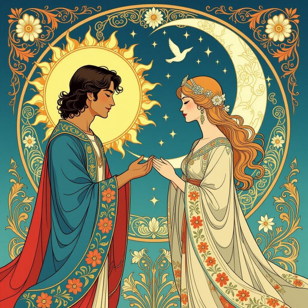 Sun and Moon Personified in Folk Nouveau Style