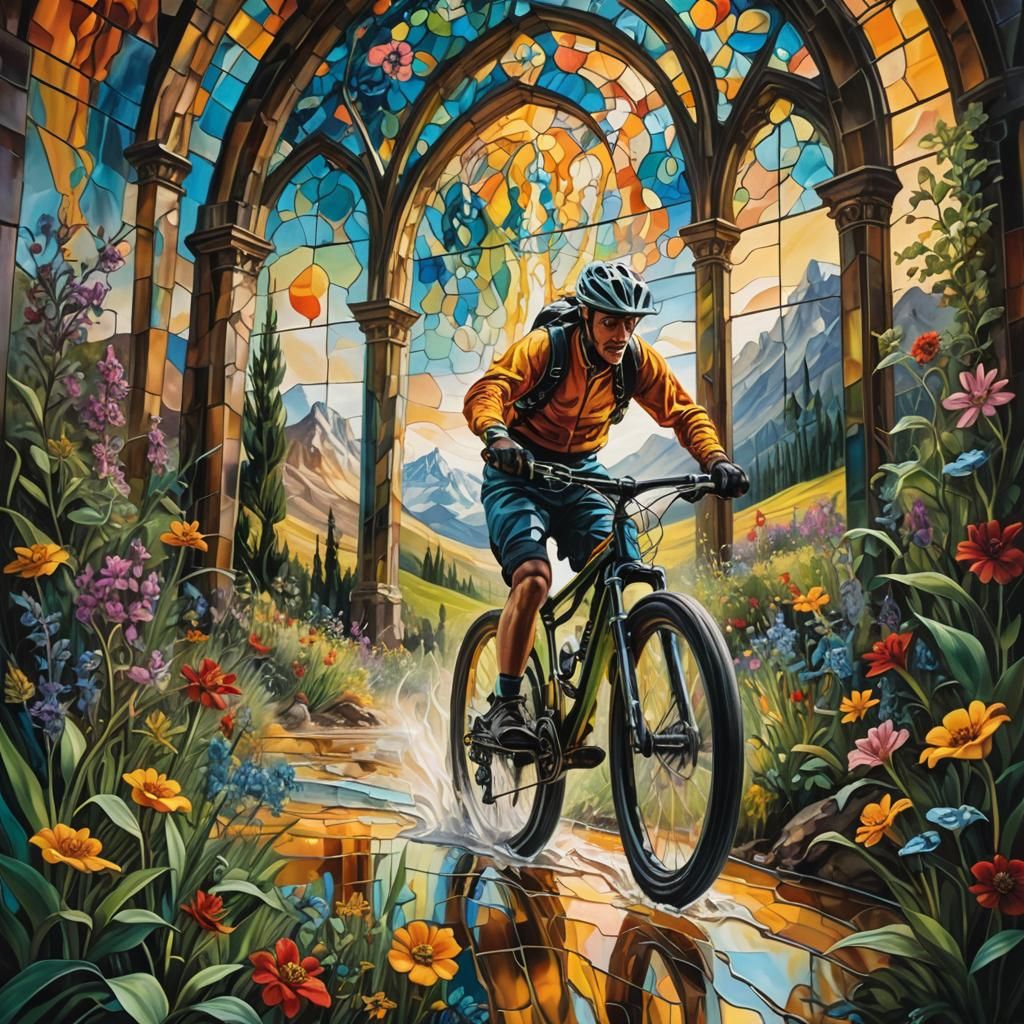 Surreal Mountain Biker in Melting Stained Glass Landscape