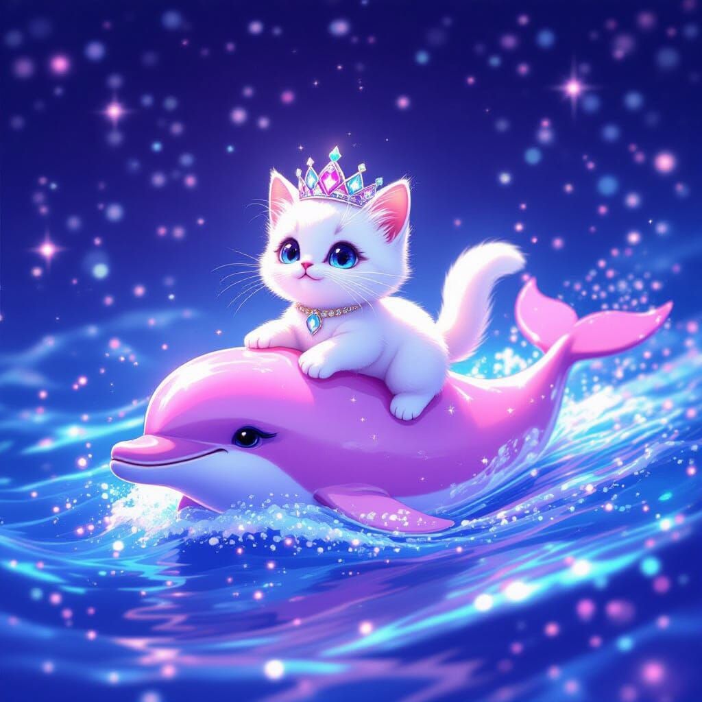 Diamond Crown Kitty Rides Dolphin in Starry Iridescent Sea