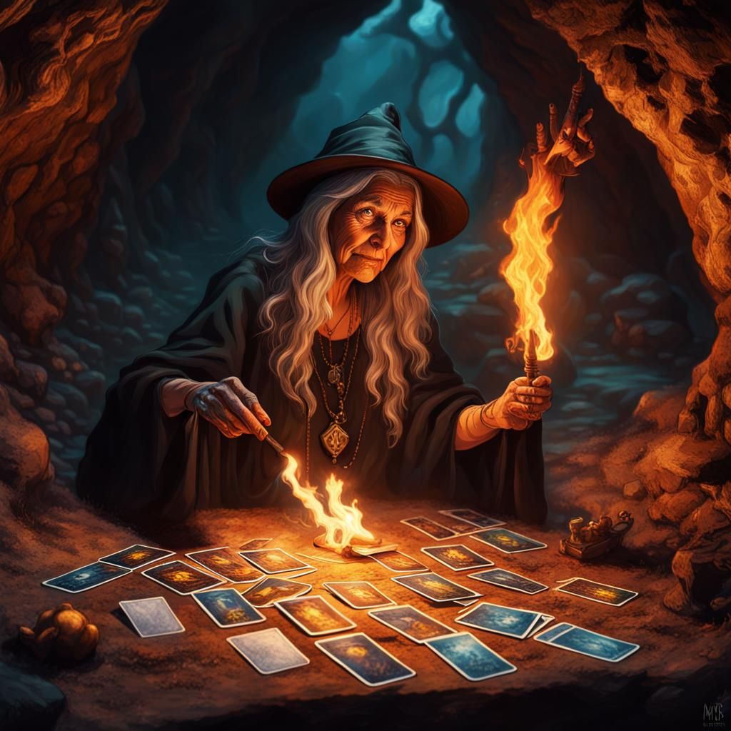 Dramatic Witch Reveals Death in Fire-lit Cave