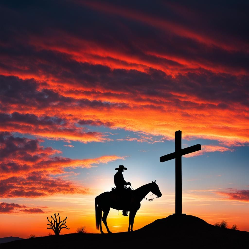 Cowboy and Horse Bowing at Cross Silhouette