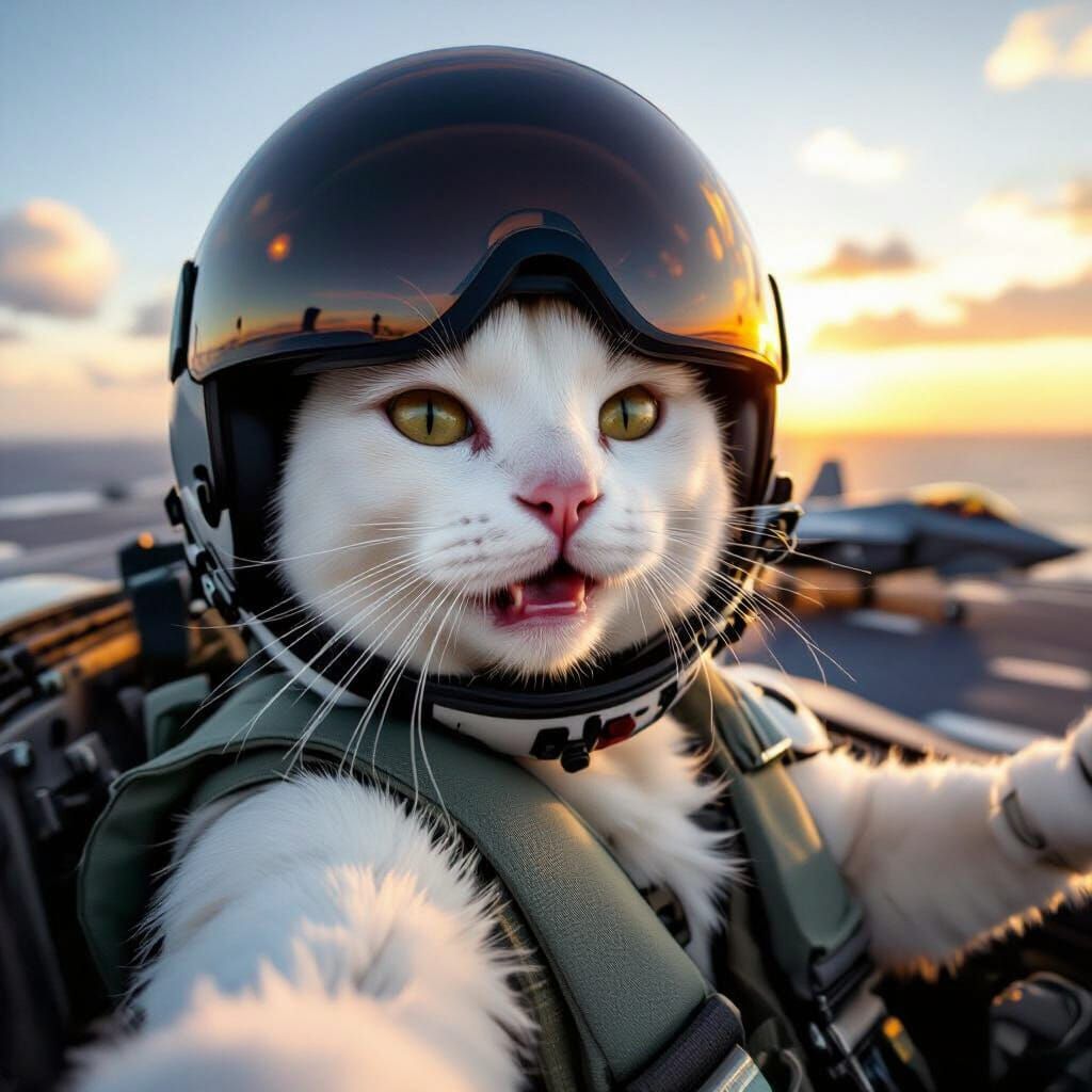 White Cat Fighter Pilot Selfie in F-35C Formation at Sunset