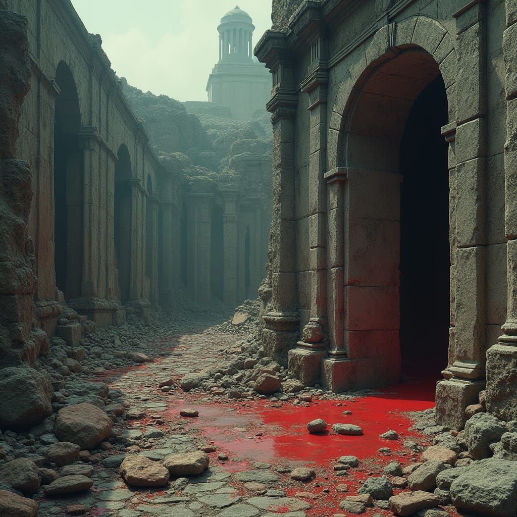Bloody Palace Doors Beside Ruined Temple