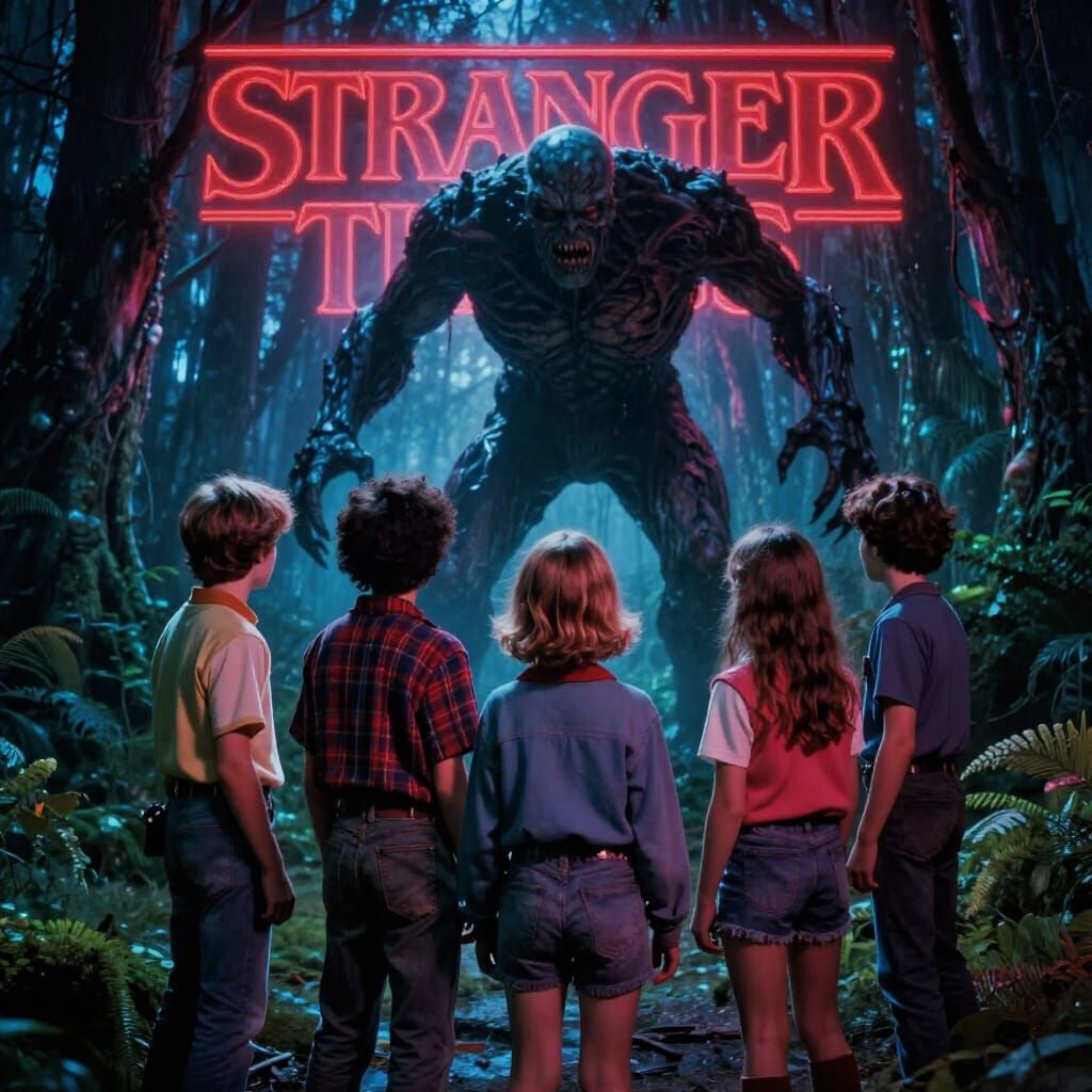 80s Horror Scene: Kids Face Monster in Neon Forest
