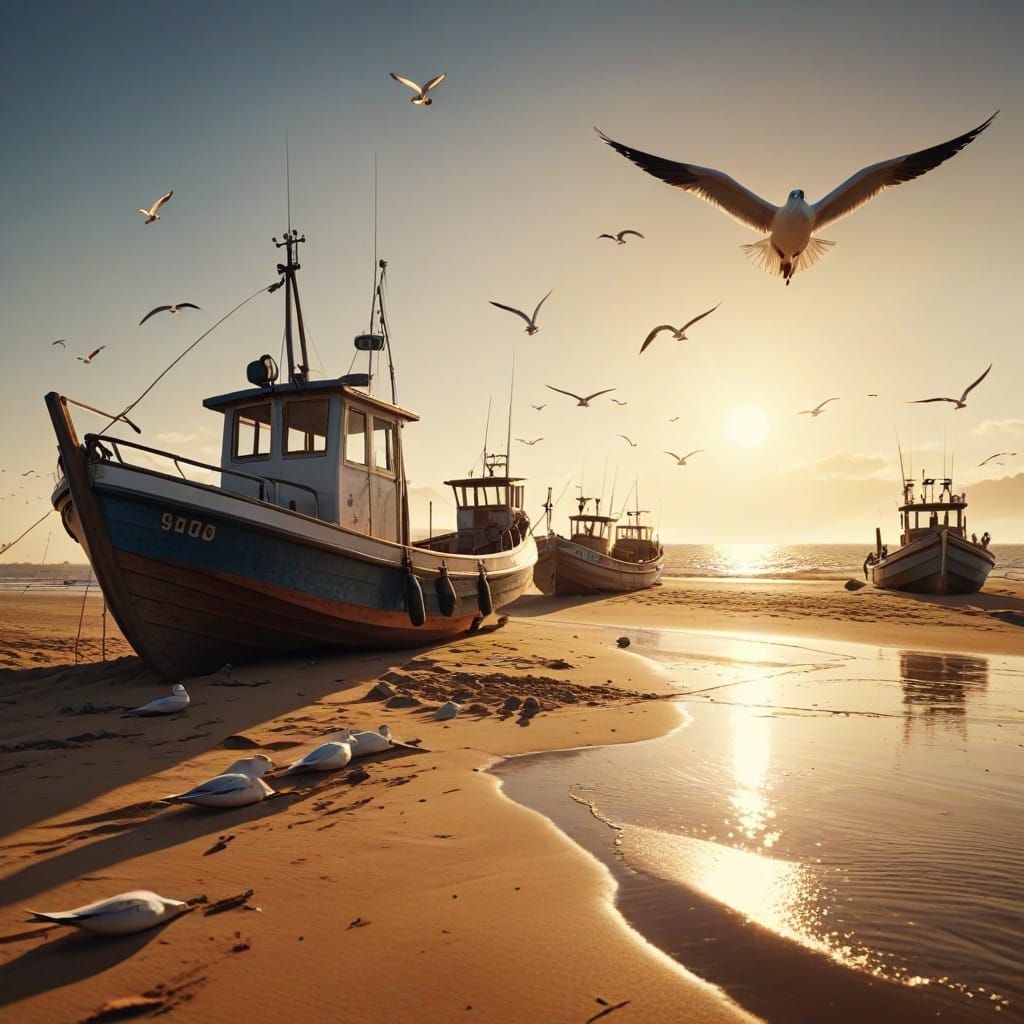 Fishing Boats on Shore in Hyper-Realistic Digital Art