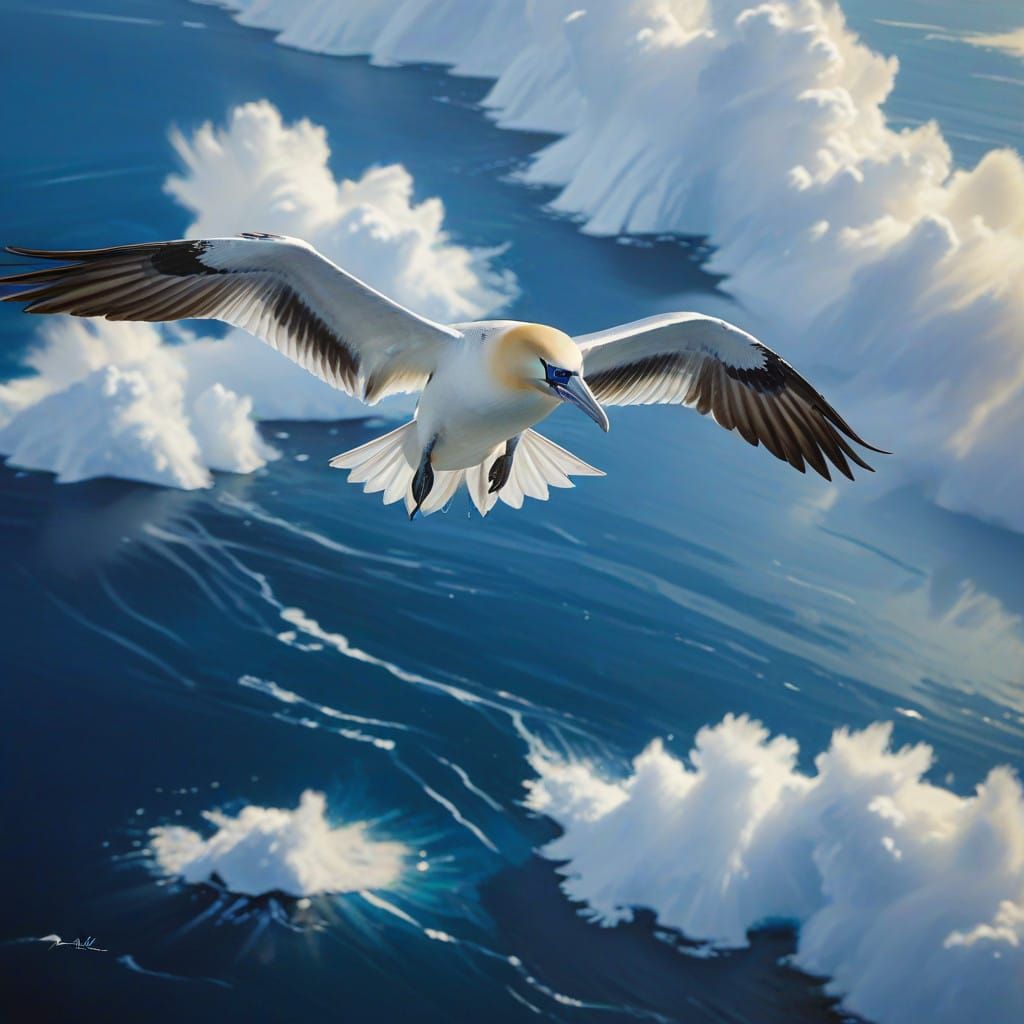 Elegant Northern Gannet Soars Through Azure Sky