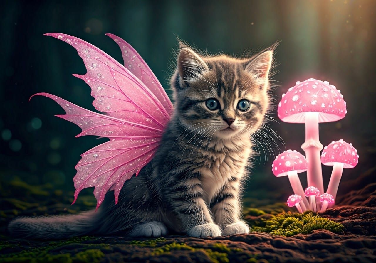 Whimsical Pink Fairy Kitten in Enchanted Mushroom Forest