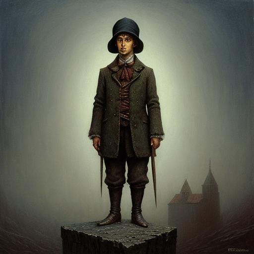 Victorian Era Boy in Wheelchair Painted in Dark Surrealist S...