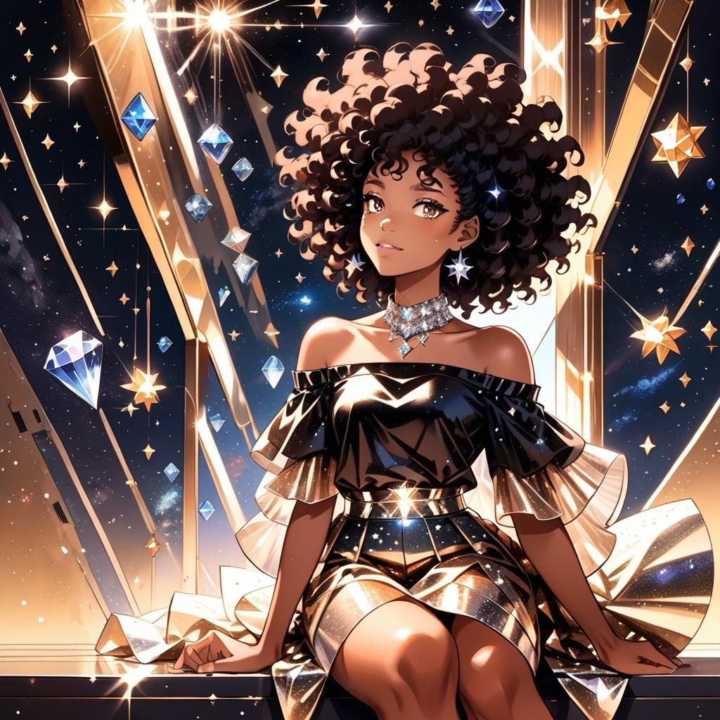 Anime Girl with Afro in Starry Hallway