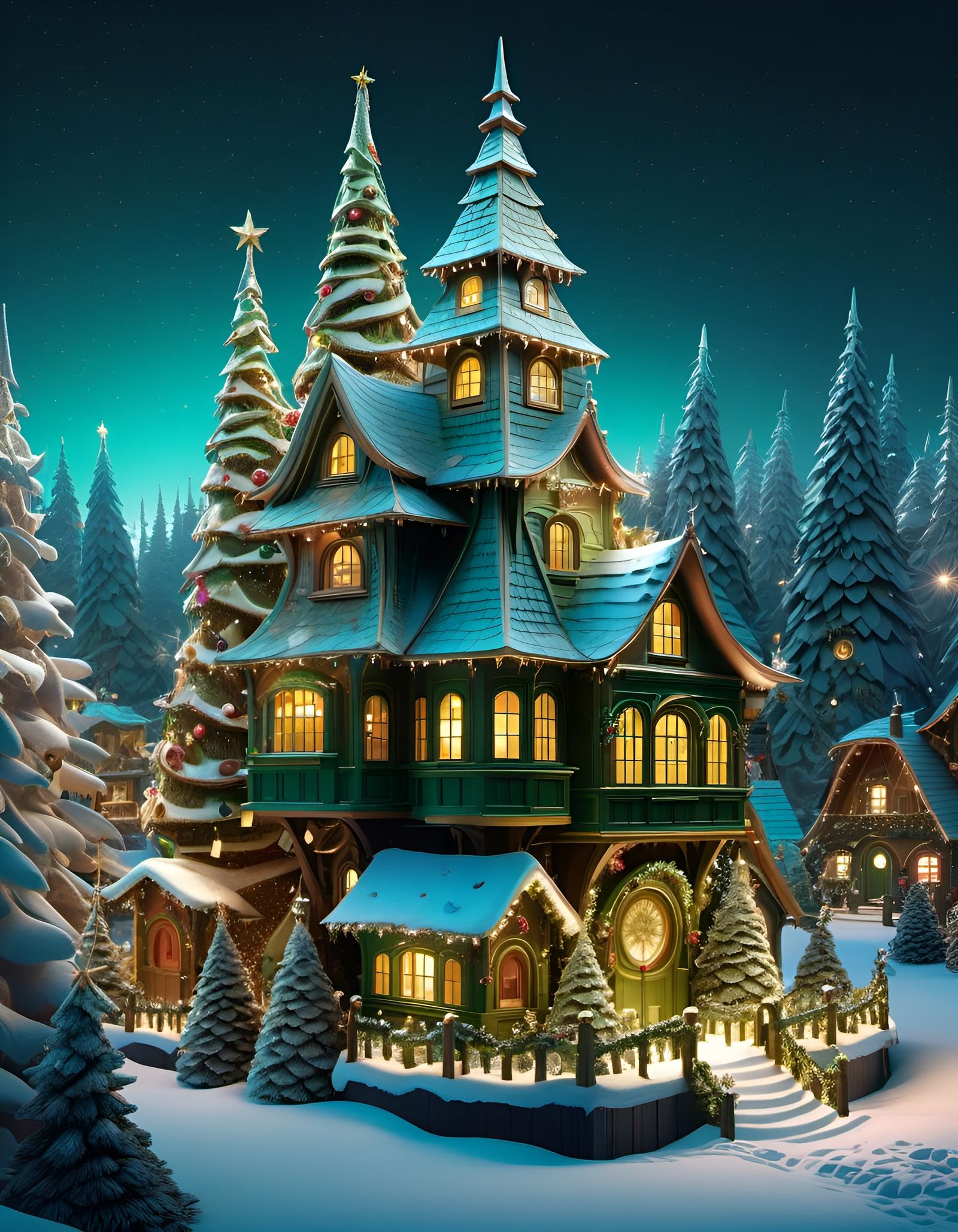 Enchanted Christmas Fairy Village of Giant Fir Trees