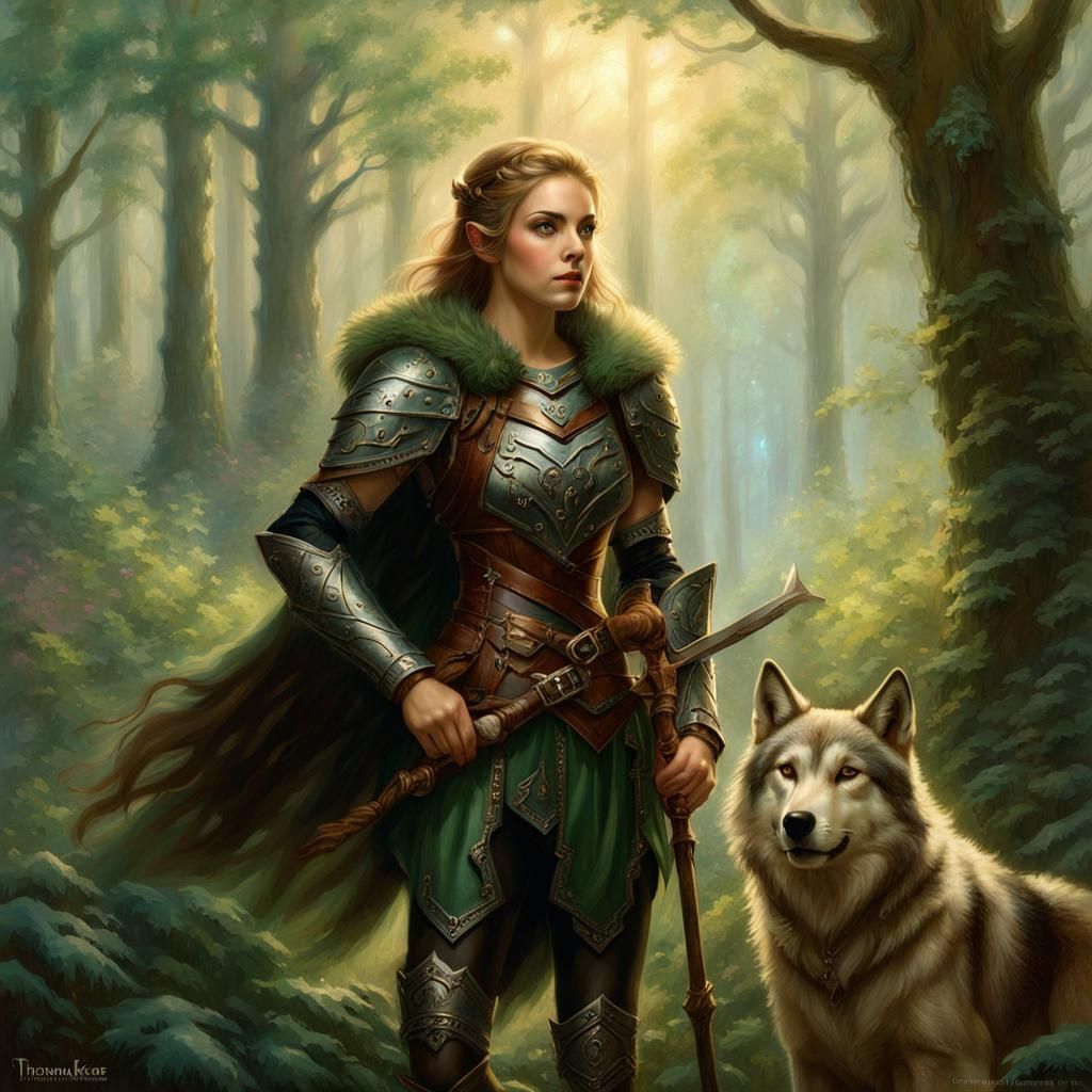Elf Druid and Wolf in Ethereal Forest