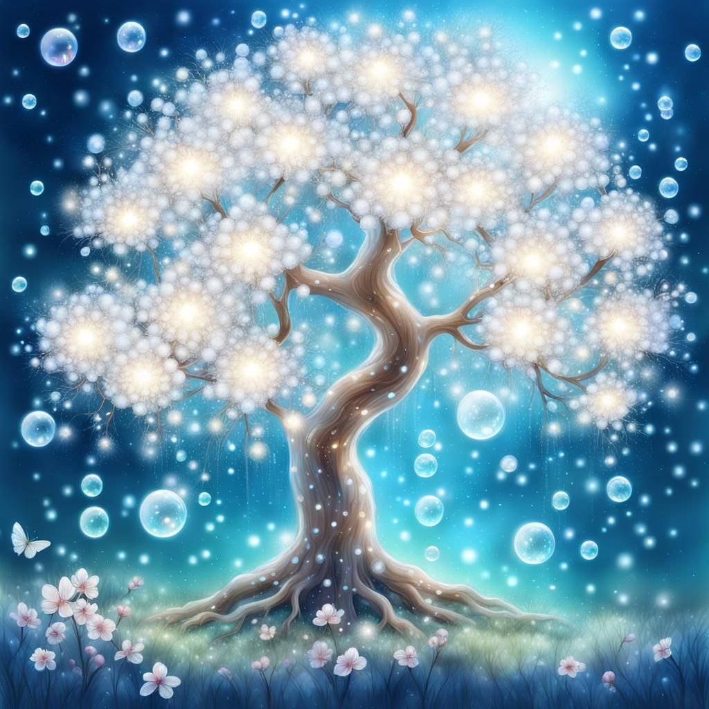 Bioluminescent Cherry Tree with Sparkling Butterflies