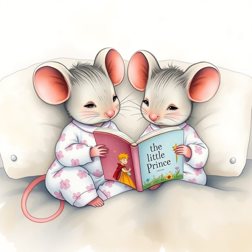 Cute Mice Couple Reads The Little Prince in Bed