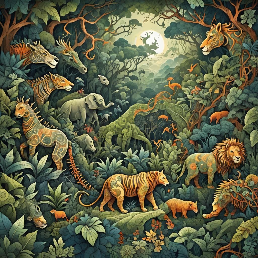 Intertwined Consciousness: Jungle Animals in Abstract Fracta...