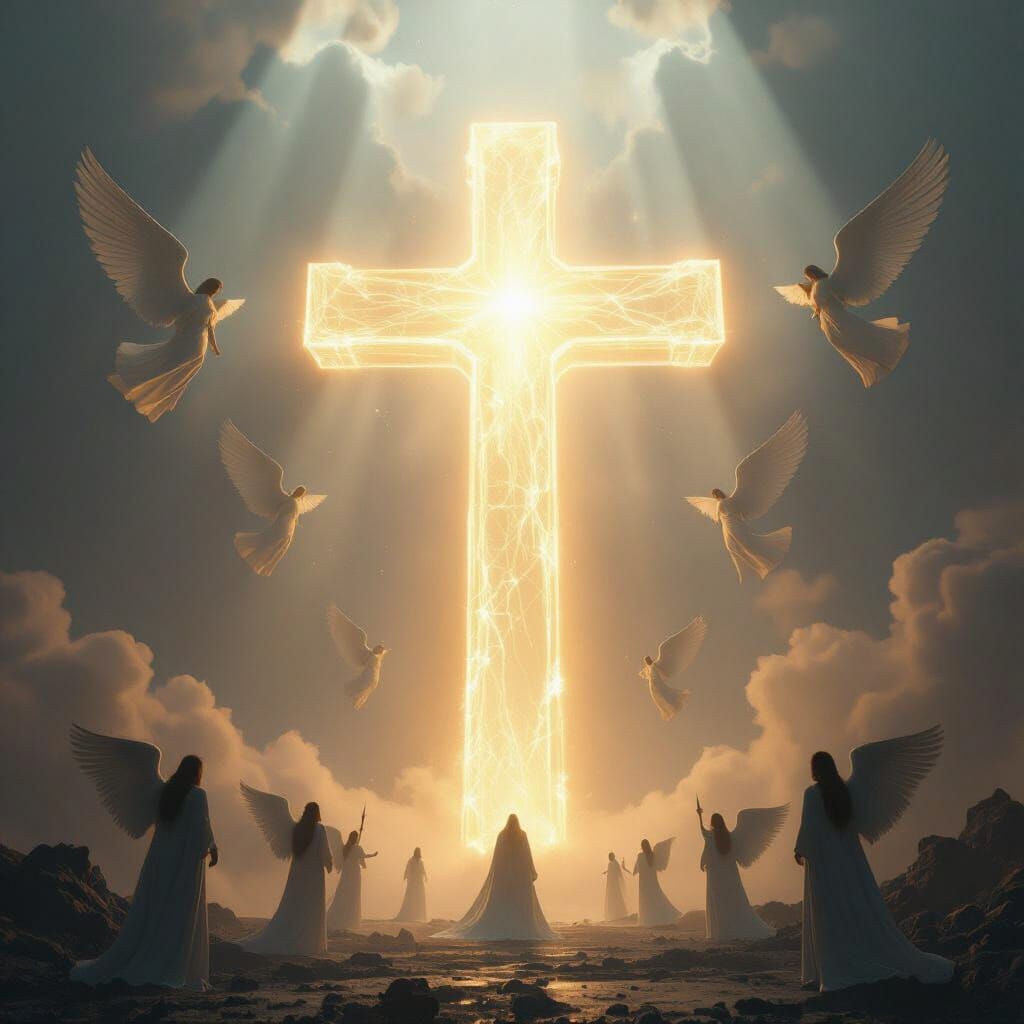 Colossal Glowing Cross with Descending Angels