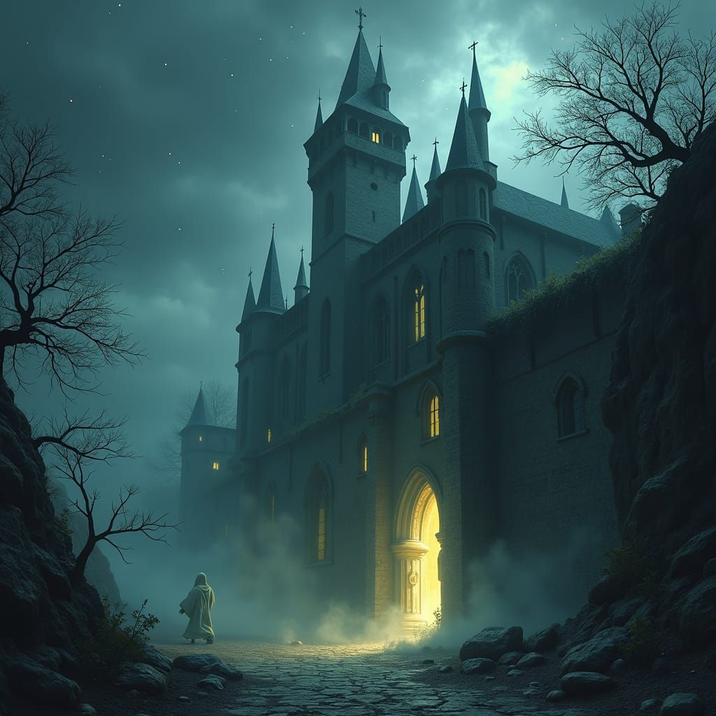 Foreboding Gothic Castle with Ethereal Spirits