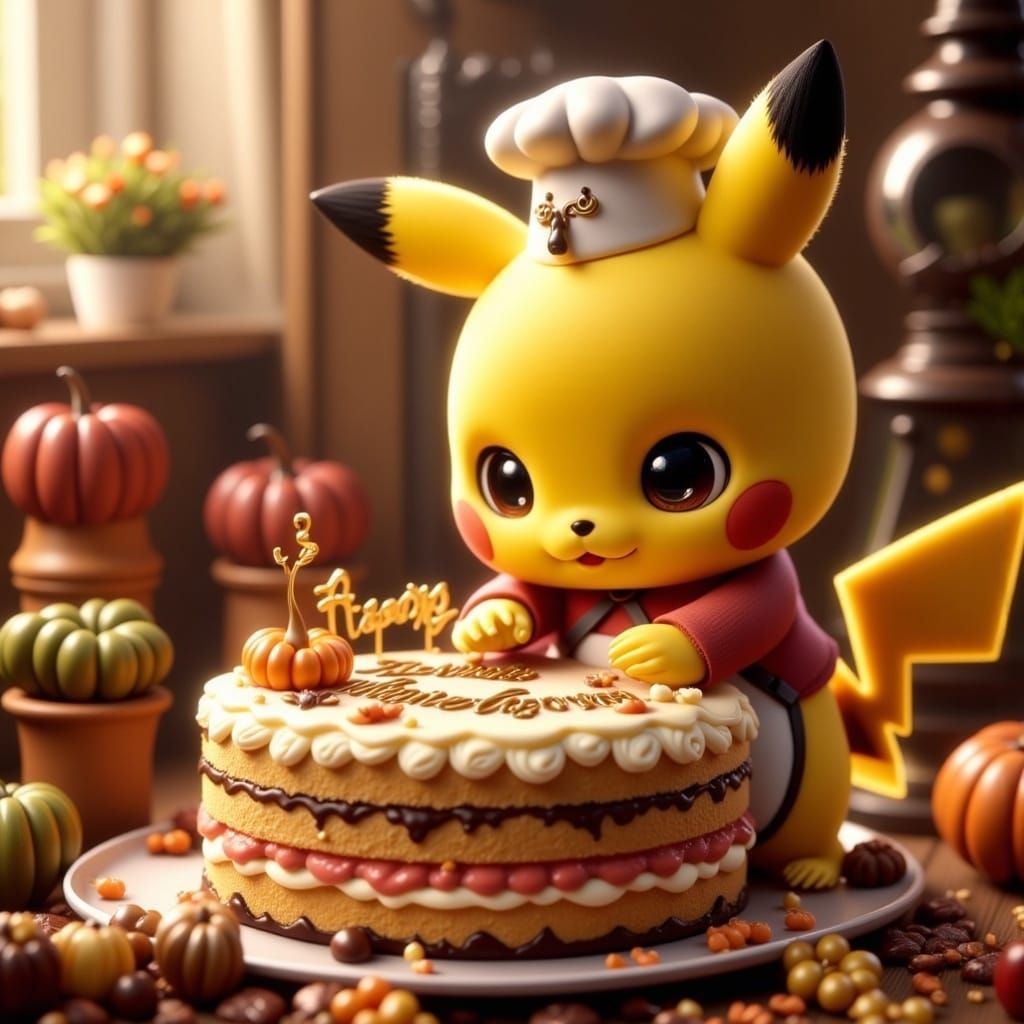 Chibi Pikachu's Thanksgiving Cake: A Matte Painting