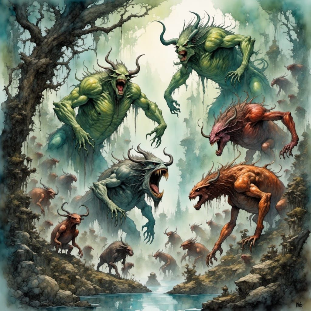 Surreal Battle of Fearsome Beasts in Jans Watercolor Style