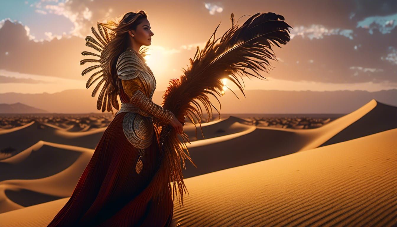Atreides Woman on Dune at Sunset: Photorealistic Render