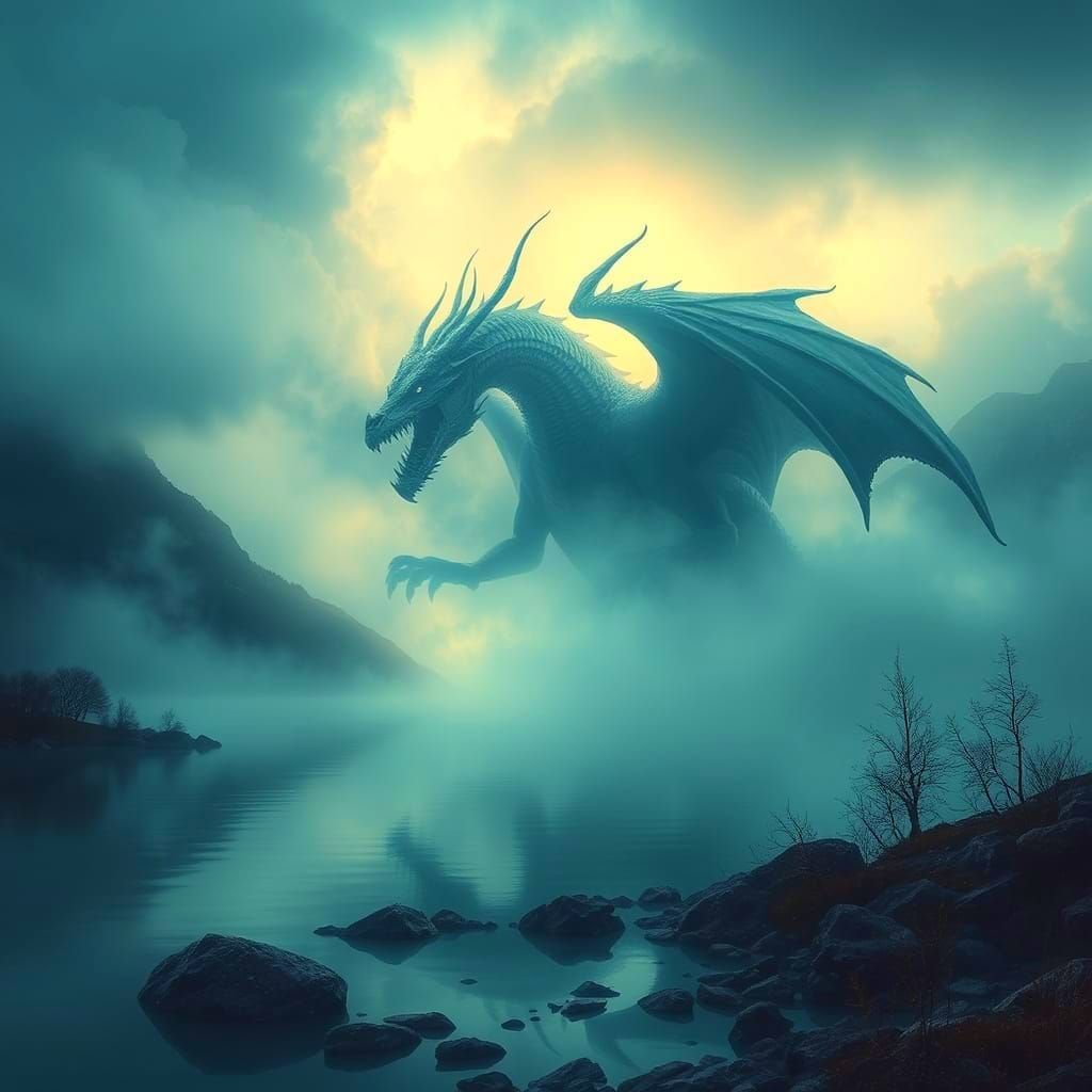 Dragon-Shaped Fog Rising from Mountain Lake
