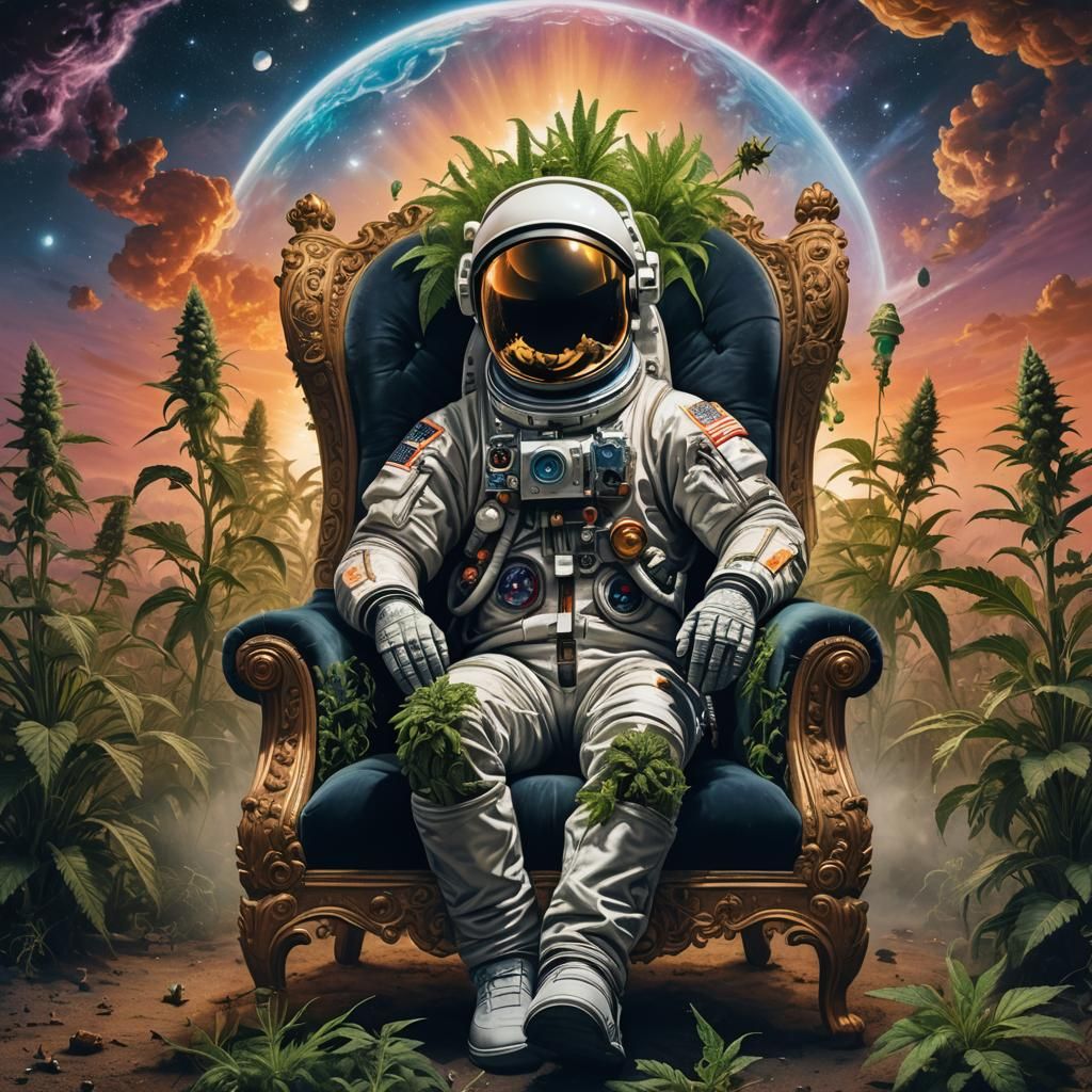 Astronaut with Sativa Bud Beneath Cosmic Sunset
