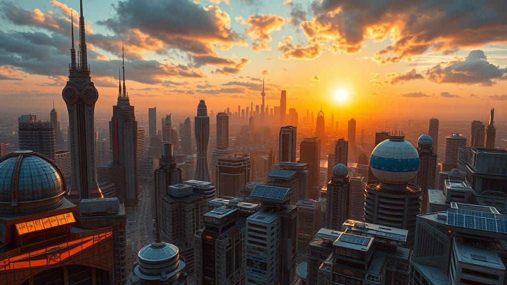 Hyperfuturistic Cityscape with Solar Panels, Intricate Detai...