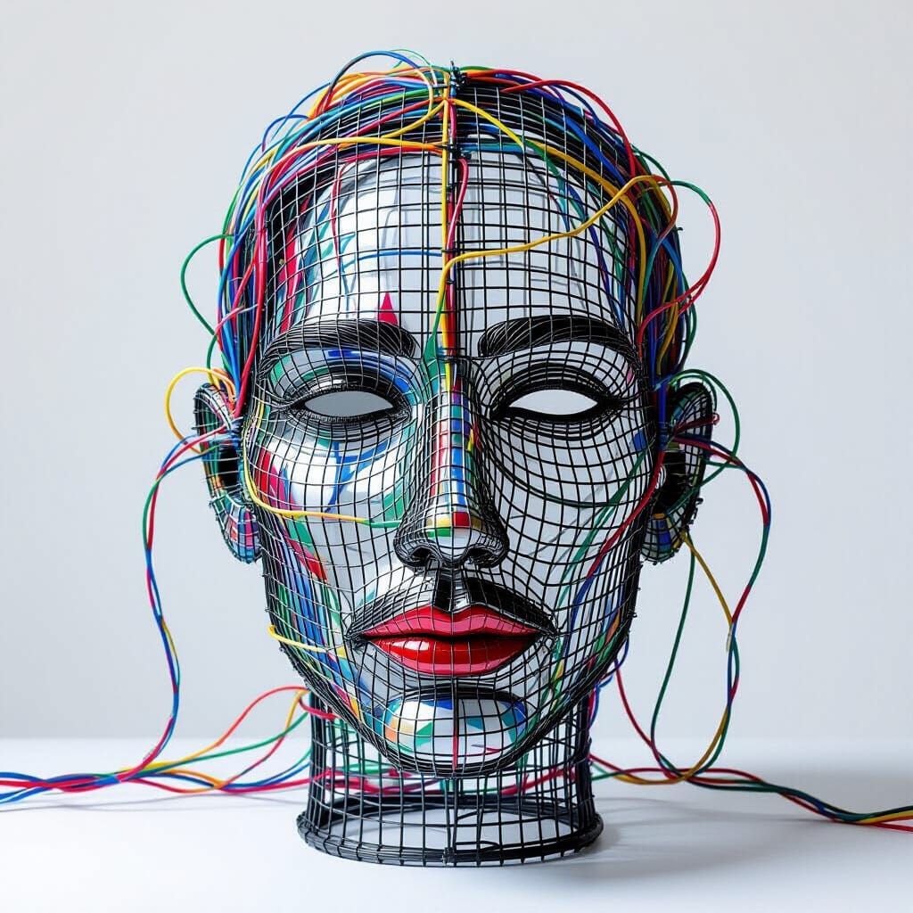 Intricate Wire Mesh Sculpture of Human Head
