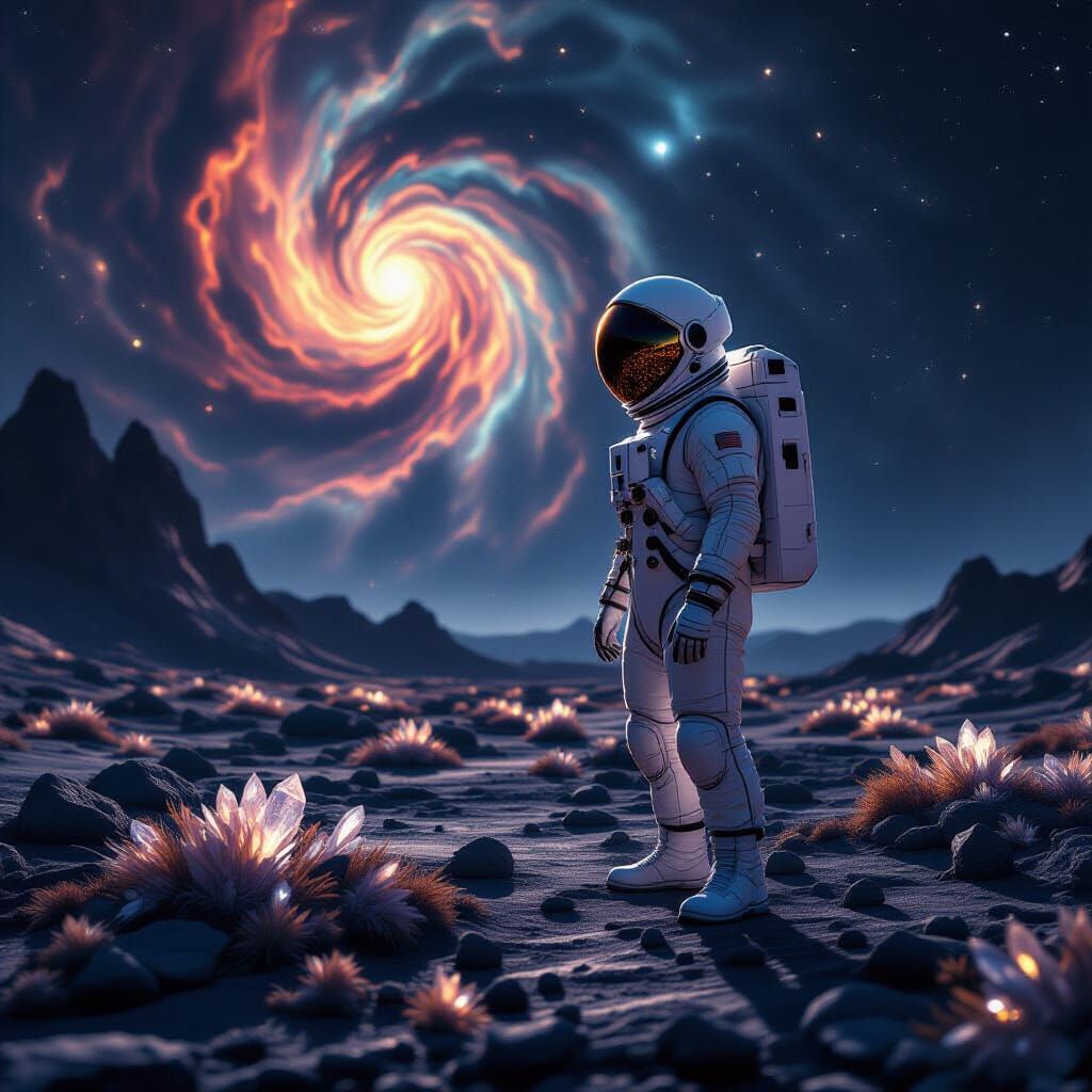 Astronaut Contemplating Nebula on Alien Planet