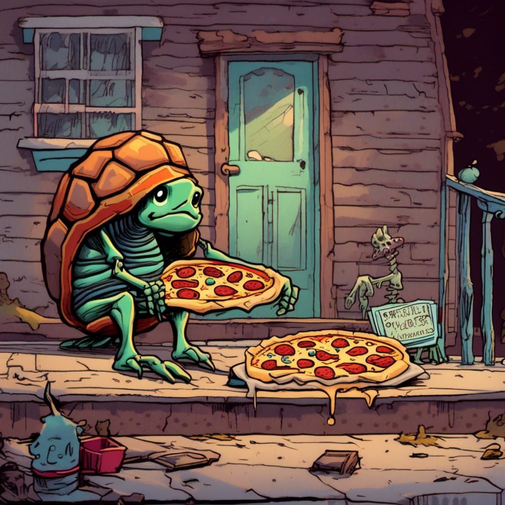 Tired Turtle Delivers Pizza to Skeleton: Cartoon Illustratio...